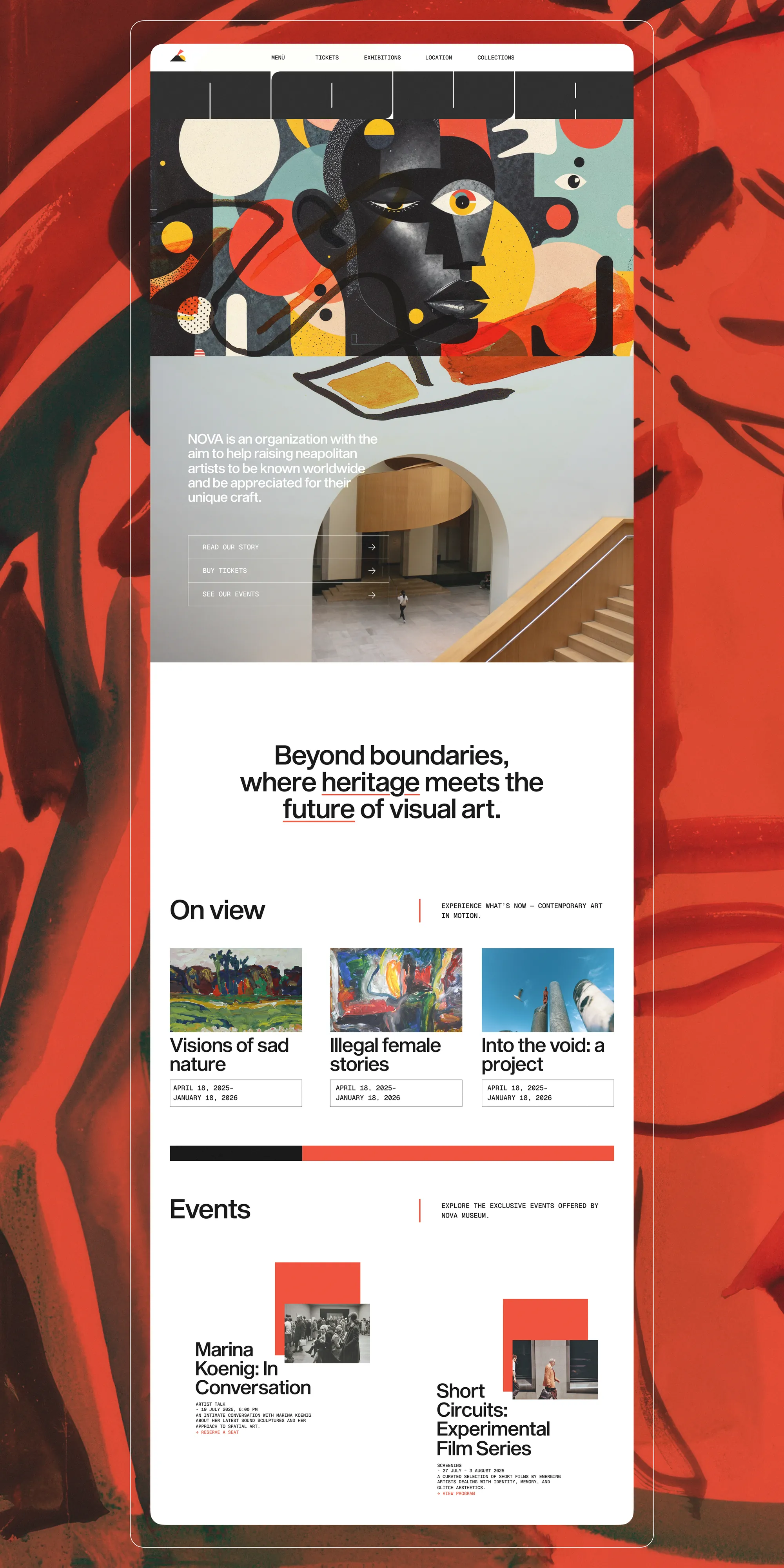The full NOVA homepage over a red painting: hero illustration, ‘Beyond boundaries, where heritage meets the future of visual art’, the exhibitions on view and the events