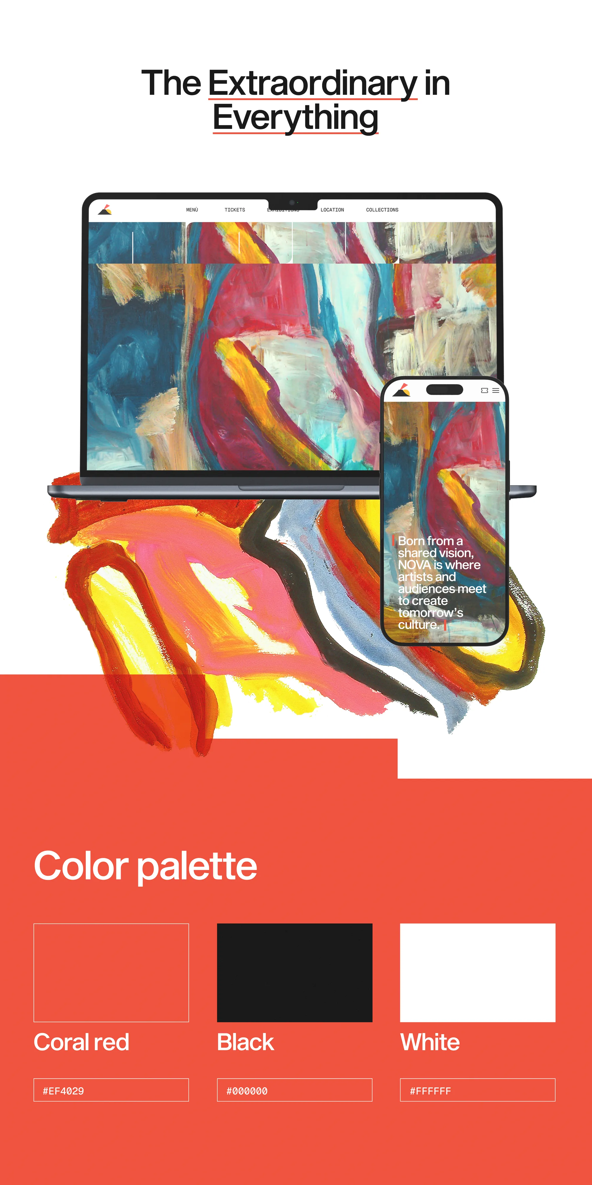 ‘The Extraordinary in Everything’: the site on a laptop and a phone among bold brushstrokes, then the colour palette: coral red, black and white