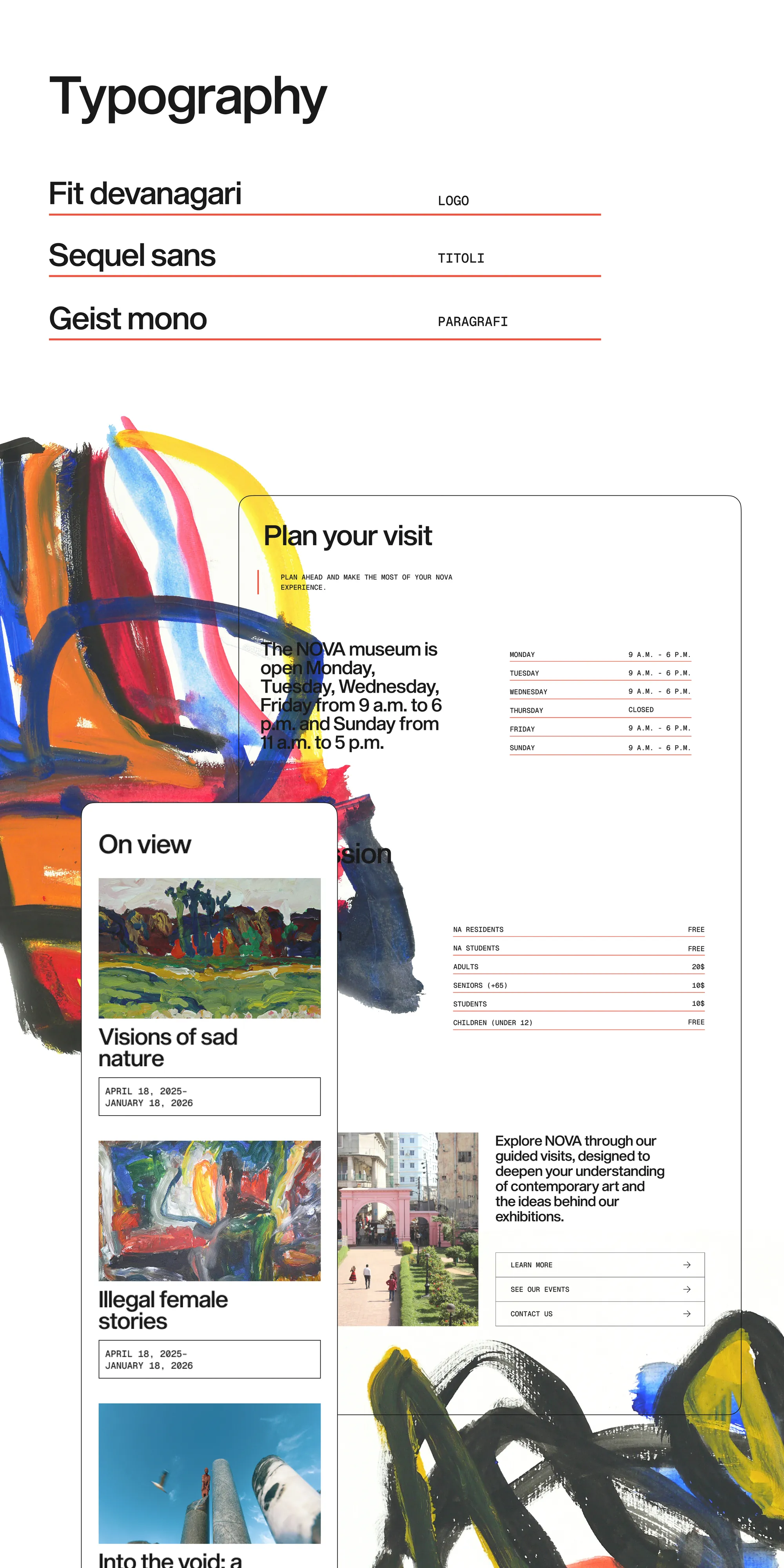 Typography: Fit Devanagari for the logo, Sequel Sans for titles, Geist Mono for paragraphs, with the Plan your visit page and the mobile exhibitions list