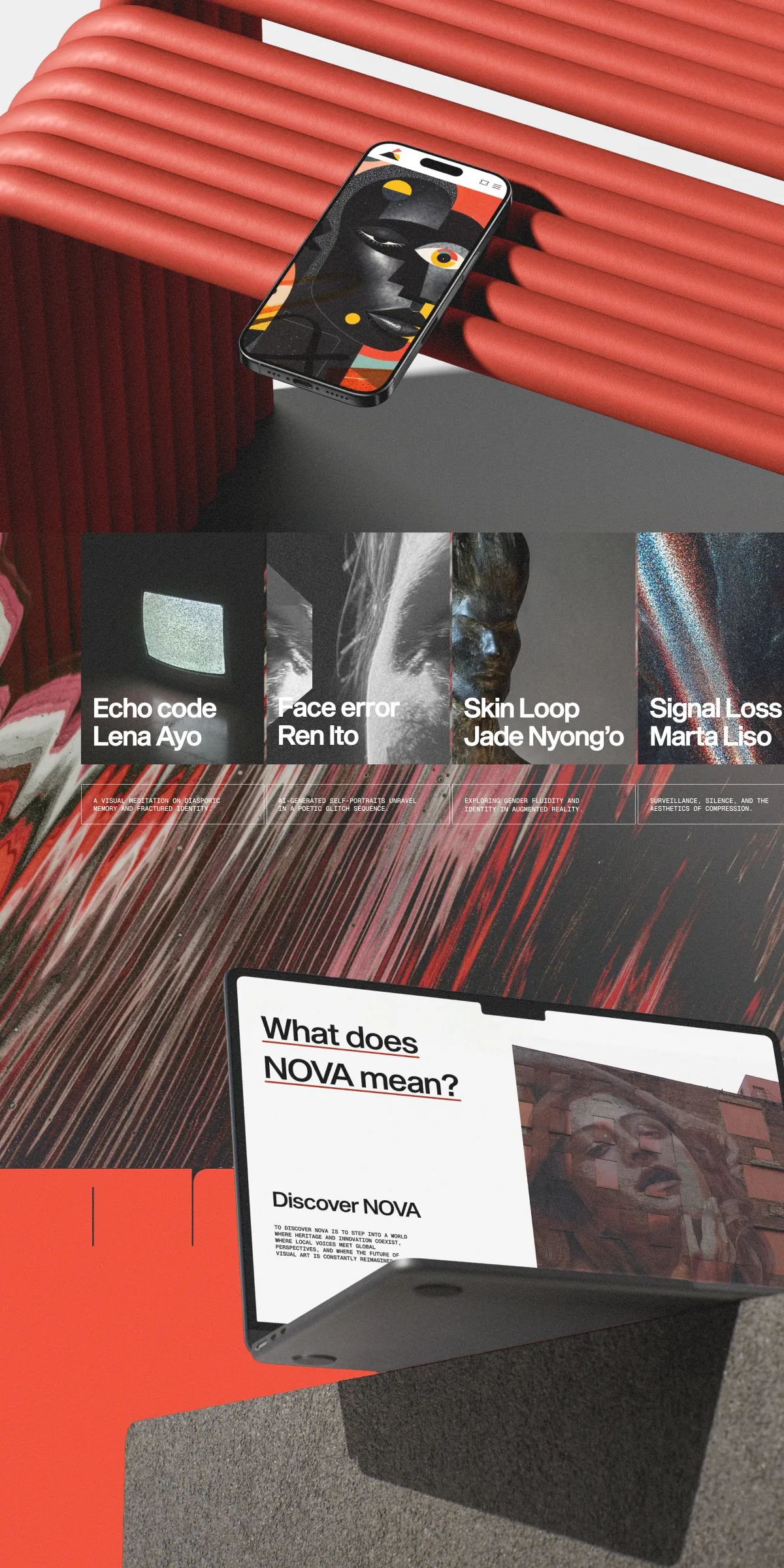 A phone and a laptop on red, showing the NOVA artists and the ‘What does NOVA mean?’ page