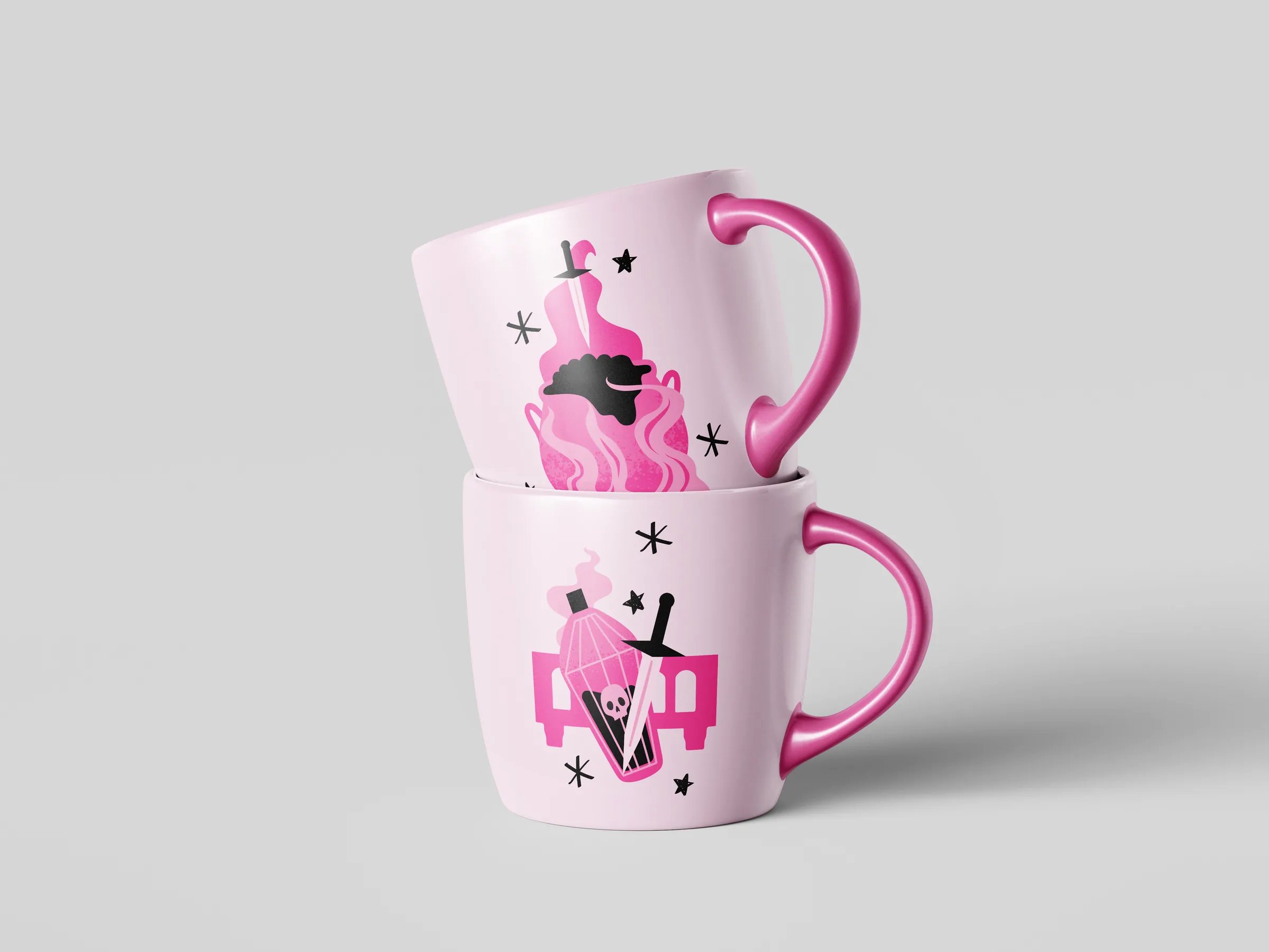 Two stacked mugs with the Macbeth and Romeo and Juliet stickers