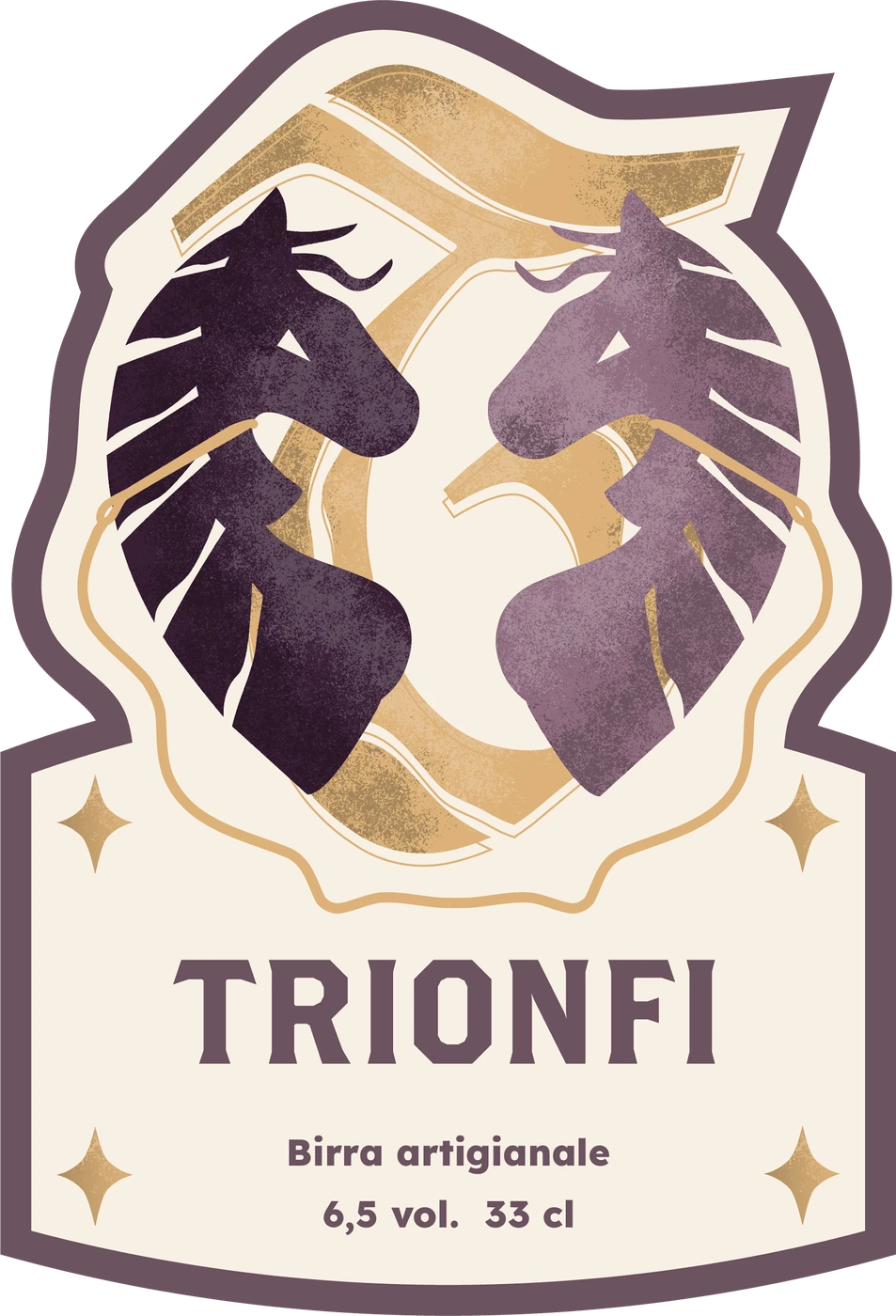 Trionfi label: two horses, one dark and one light, facing each other around the gold T, with the wordmark below