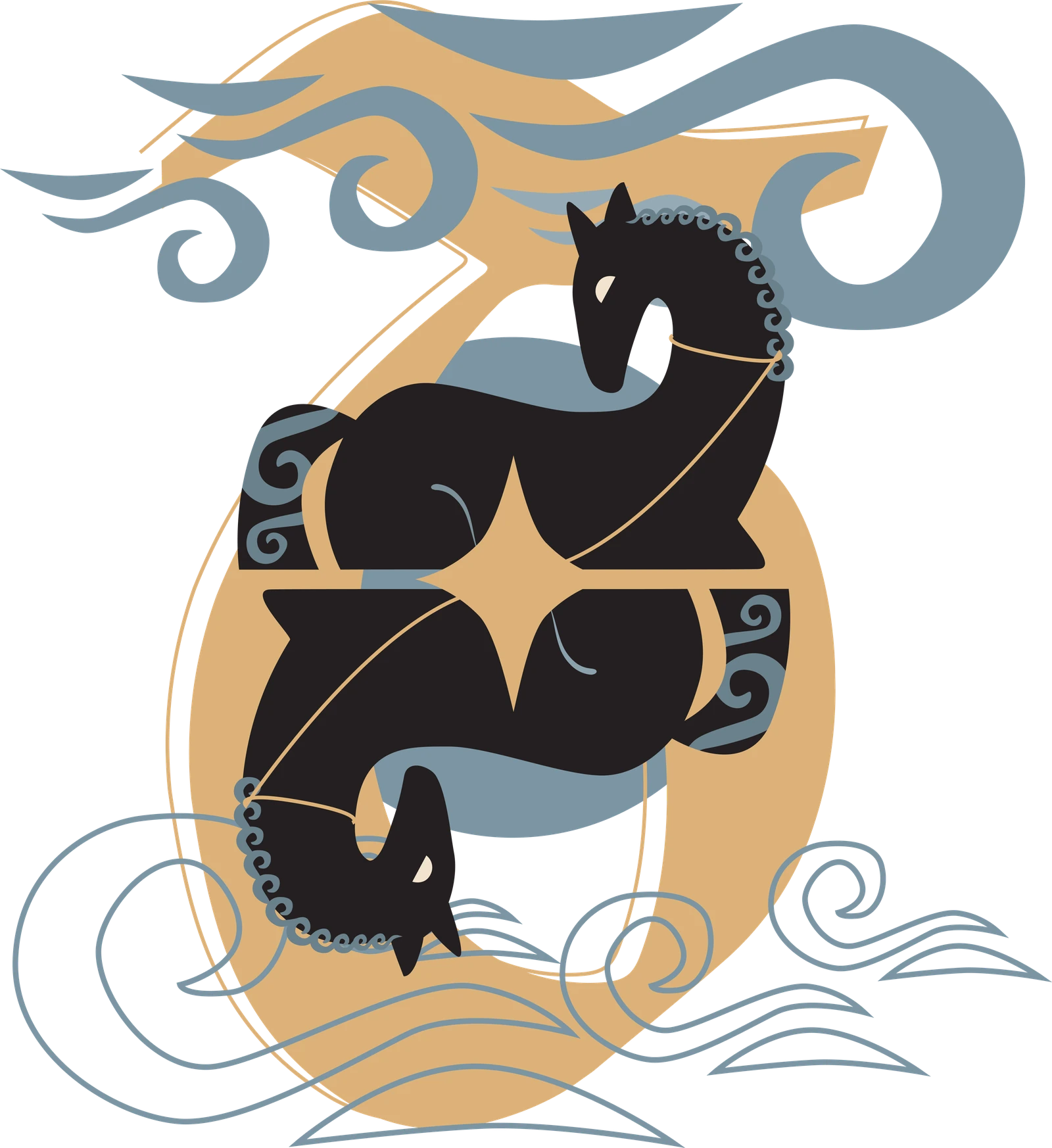 Special edition illustration: two black mirrored horses joined by a gold star, over a gold T, among waves and clouds