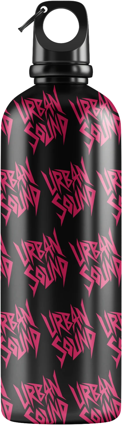 Black bottle printed all over with the lettering