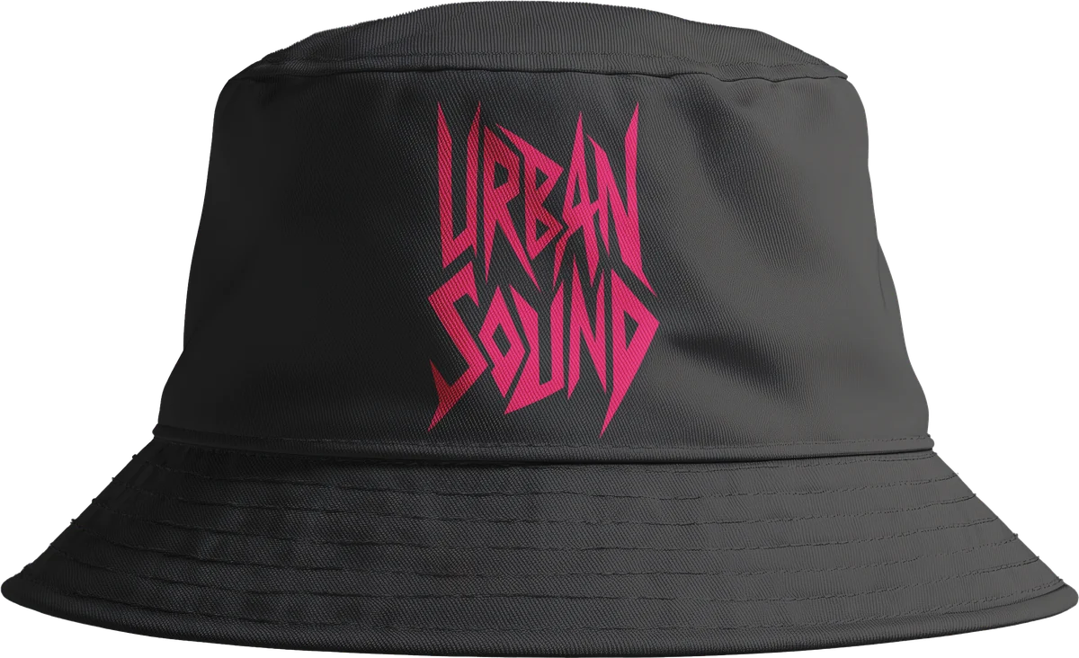 Black bucket hat with pink lettering