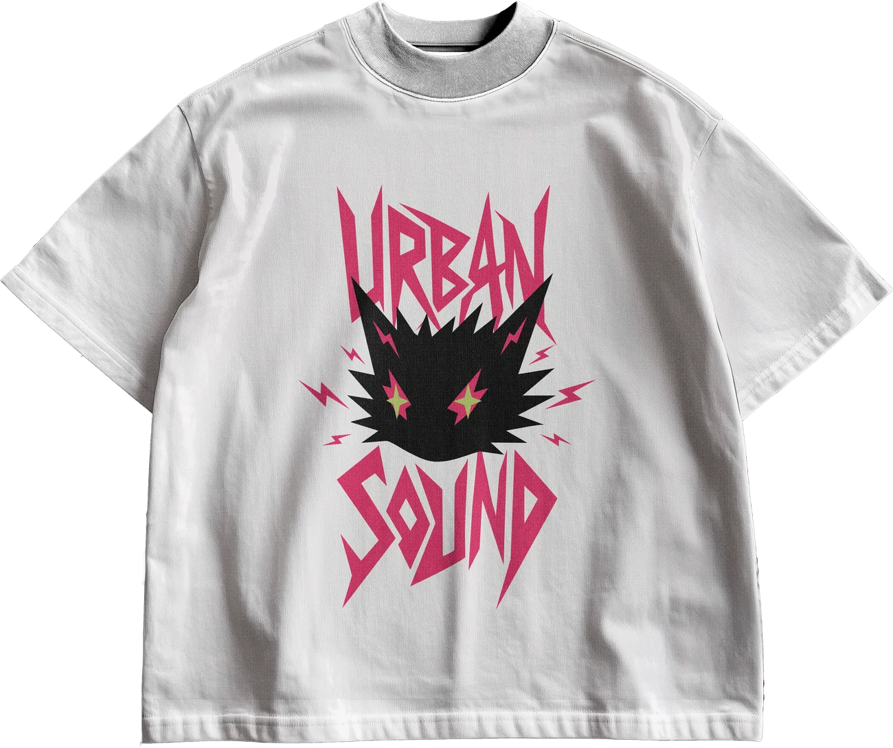 White t-shirt with the Urban Sound lettering and cat