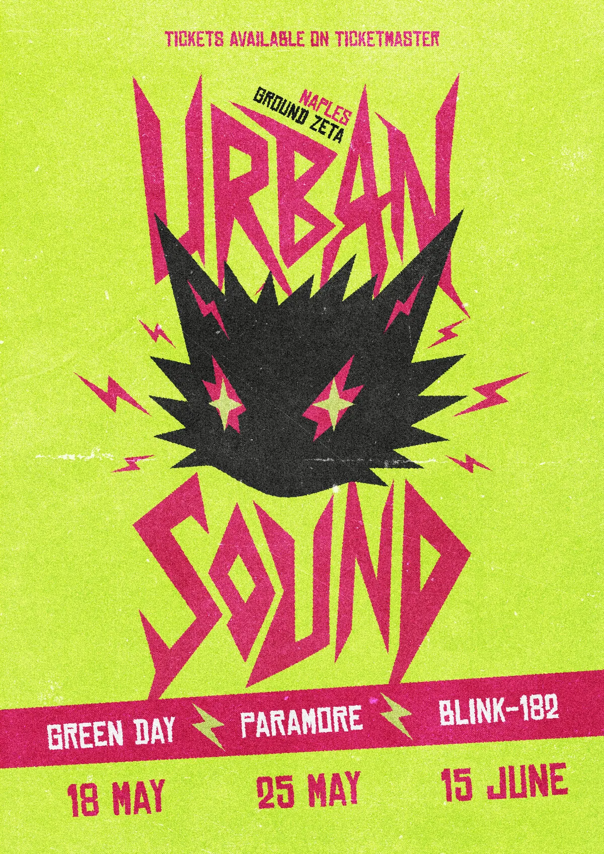 Urban Sound poster on acid green: pink lettering, the black cat and the line-up